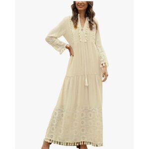 Women's Boho Sexy Deep V Neck Tassel Lace Embroidery Maxi Dress Summer Beach Vac